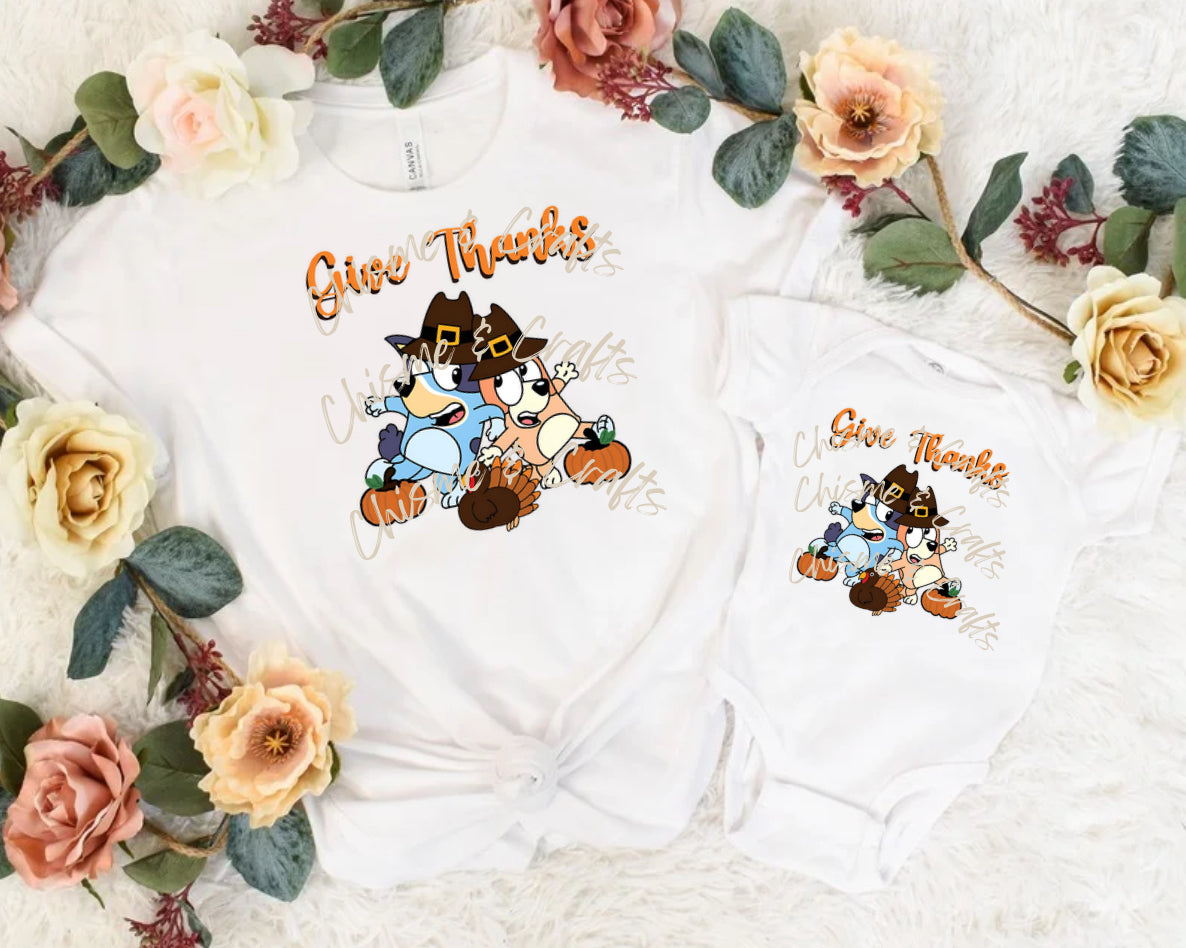Give Thanks Bluey Thanksgiving DTF Shirt Transfer