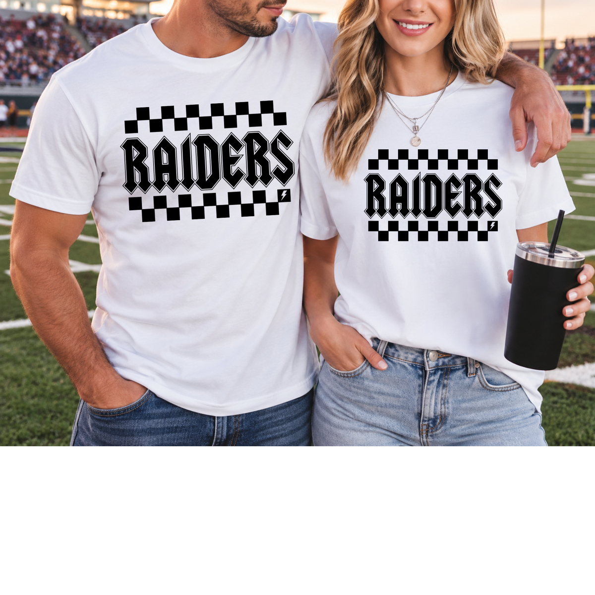 Checkered Raiders Gothic design on white shirt mockups