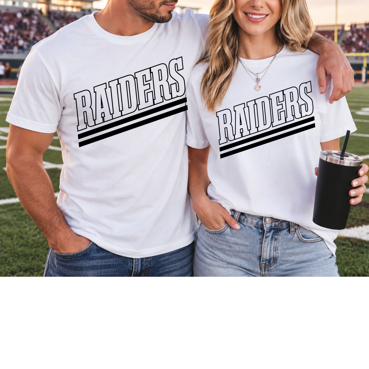 Black varsity stripe print on white shirts