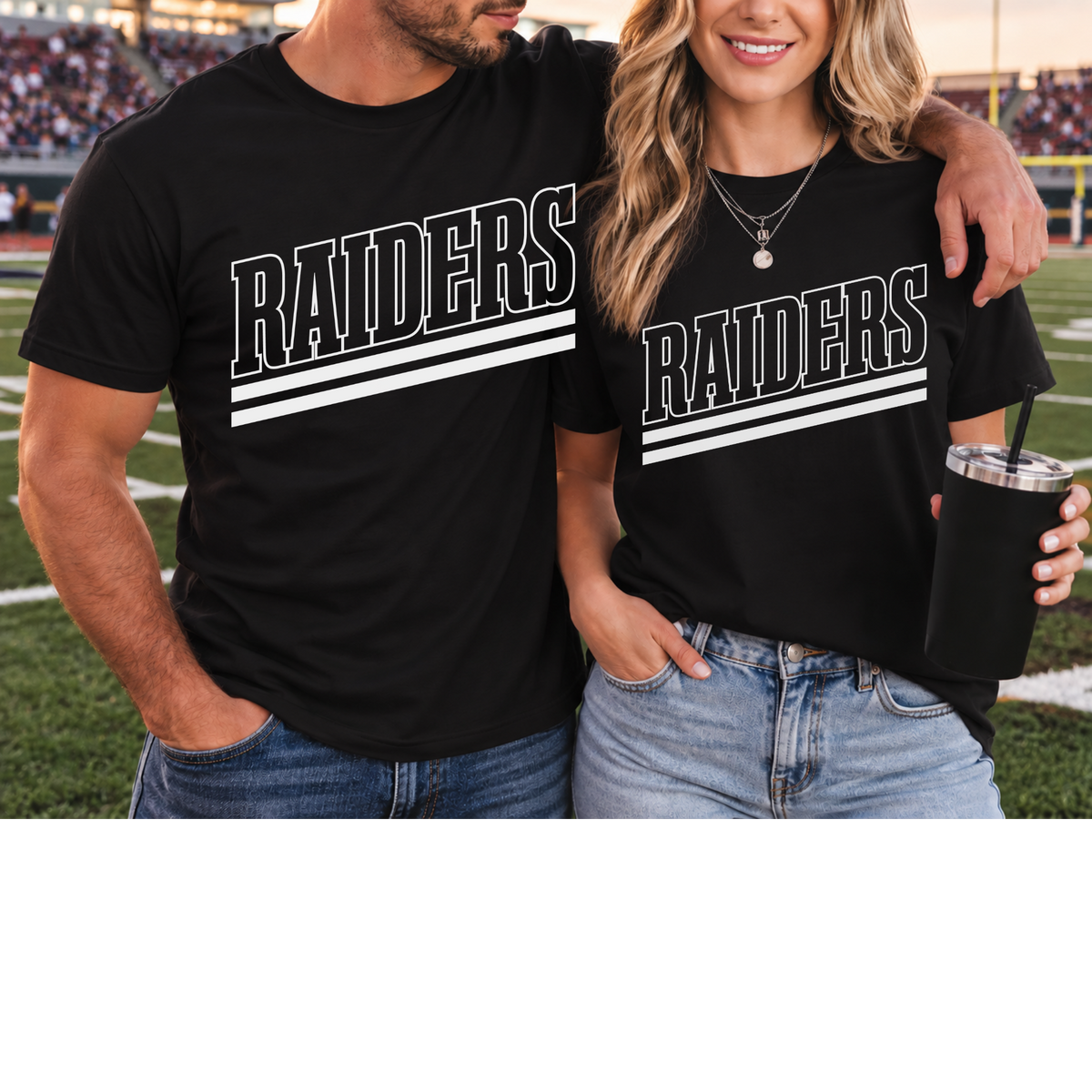 White varsity stripe print on black shirts