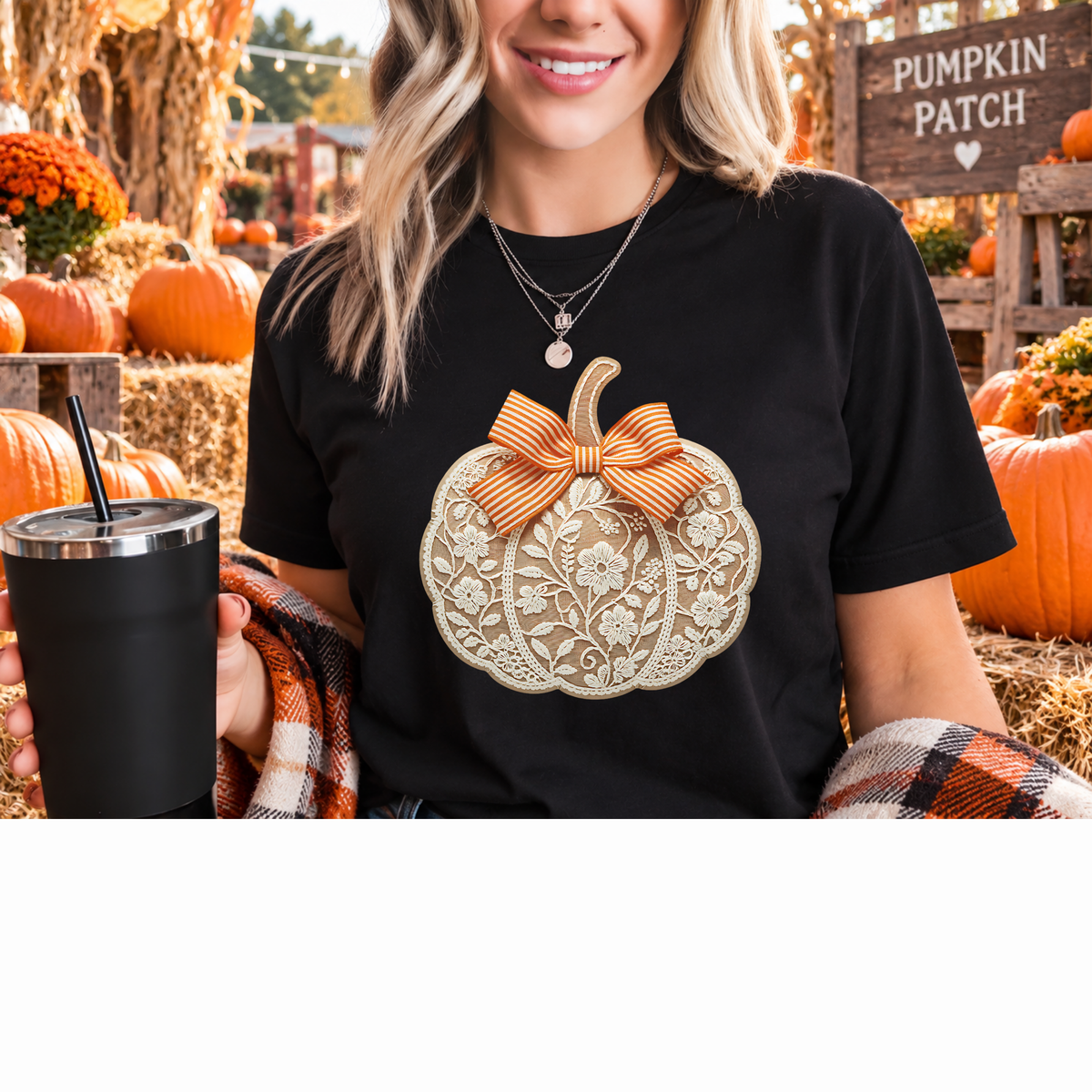 Lace Pumpkin Orange Bow Transfer
